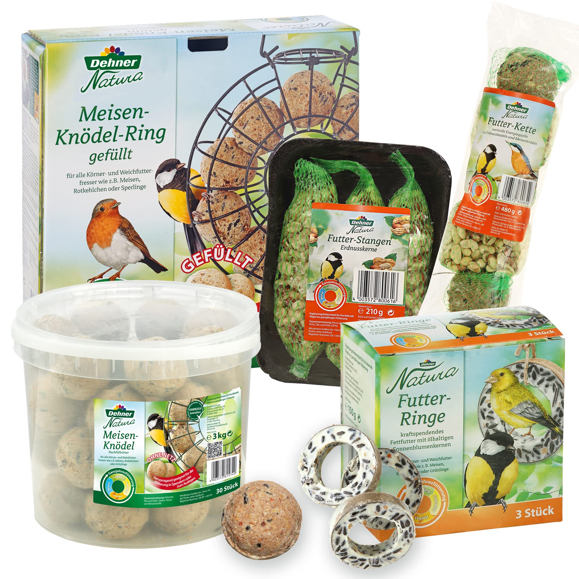 Dehner Natura Wild Bird Food Starter Set, Fat Ball Ring and Food Mix, 5 Pieces