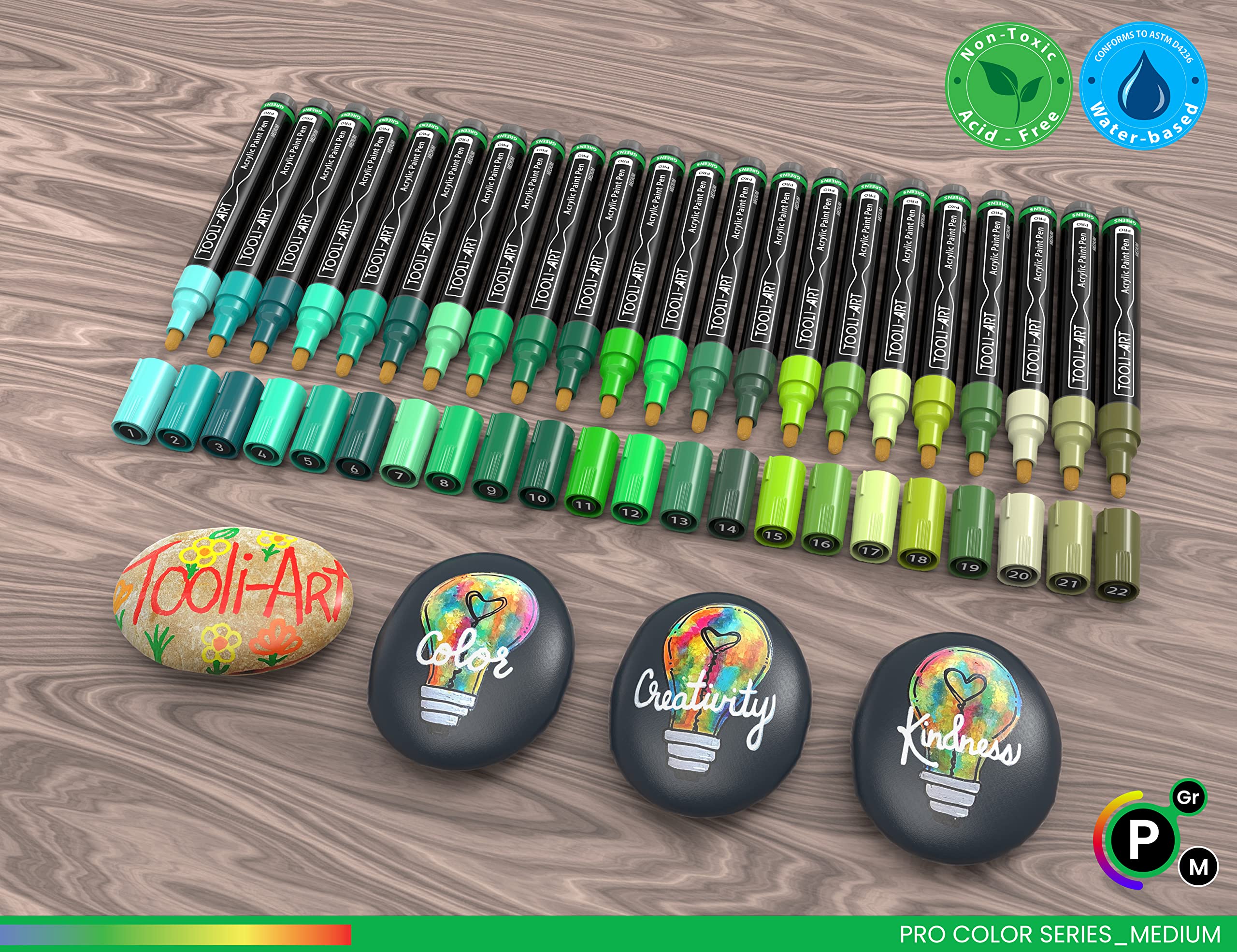TOOLI-ART 22 Acrylic Paint Markers Paint Pens Pro Color Series Set 3mm Medium Tip for Rock Painting, Glass, Mugs, Wood, Metal, Glass Paint, Canvas, DIY. Non Toxic, Waterbased, Quick Drying (GREENS)