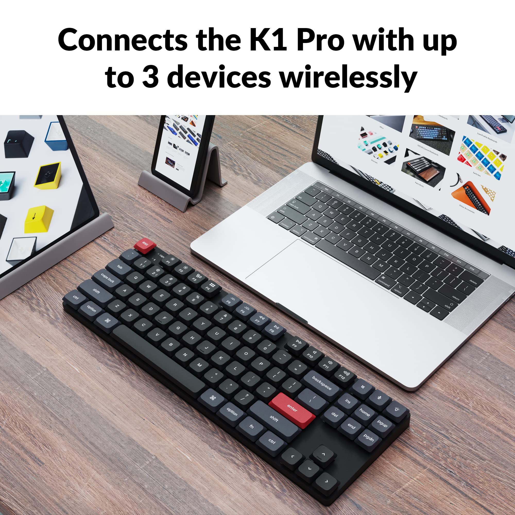 Keychron K1 Pro QMK/VIA Ultra-Slim Wireless Bluetooth/Wired USB Custom Mechanical Keyboard for Mac Windows Linux, TKL Layout Double-Shot PBT Keycaps White LED Backlight Low-Profile Gateron Red Switch