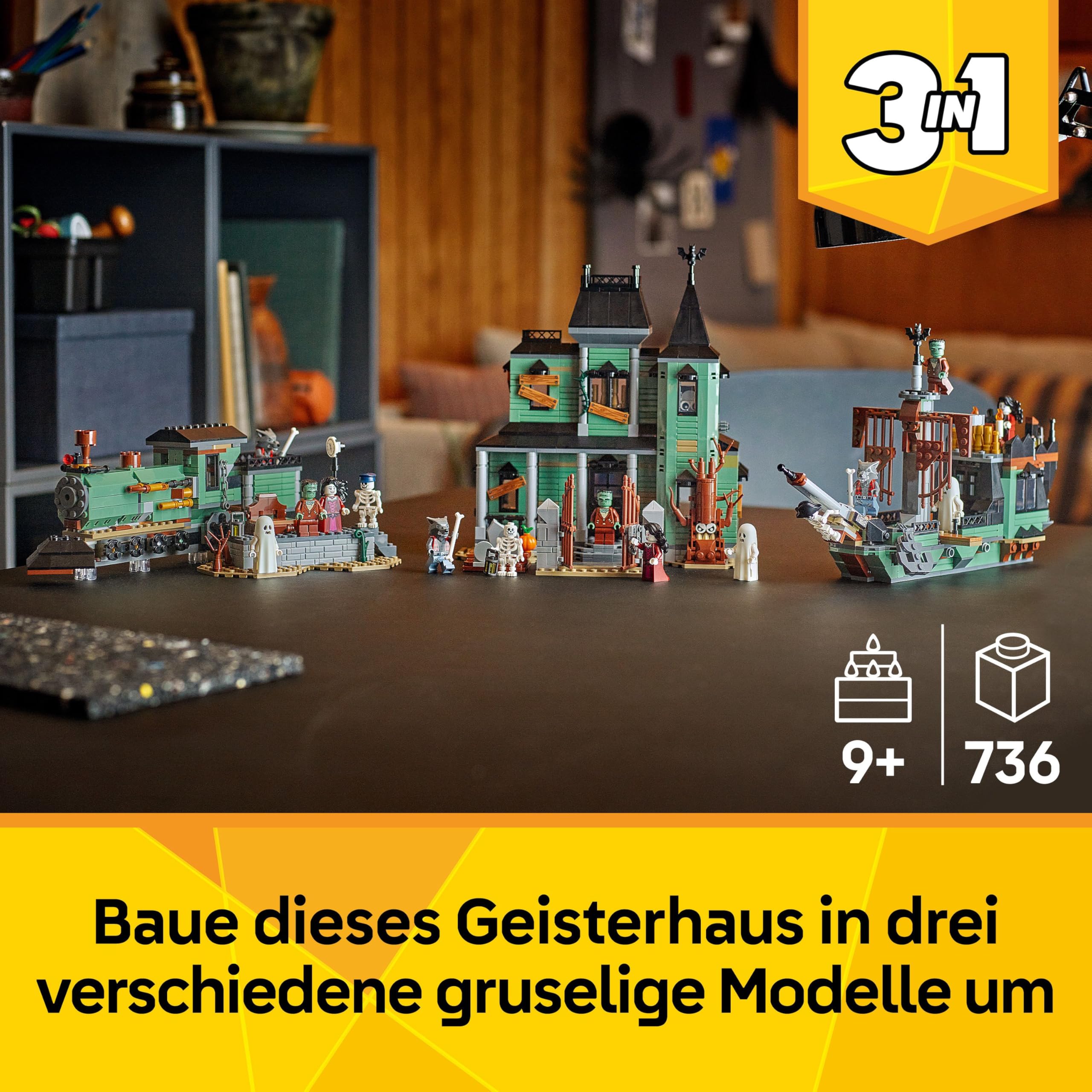 LEGO Creator Geisterhaus - 3-in-1 Spielzeug mit Haus - Bauset umbaubar in Schiff oder Zug - Mit 5 gruseligen Minifiguren - Cooles Halloweengeschenk für Jungen und Mädchen ab 9 Jahren - 31167 2