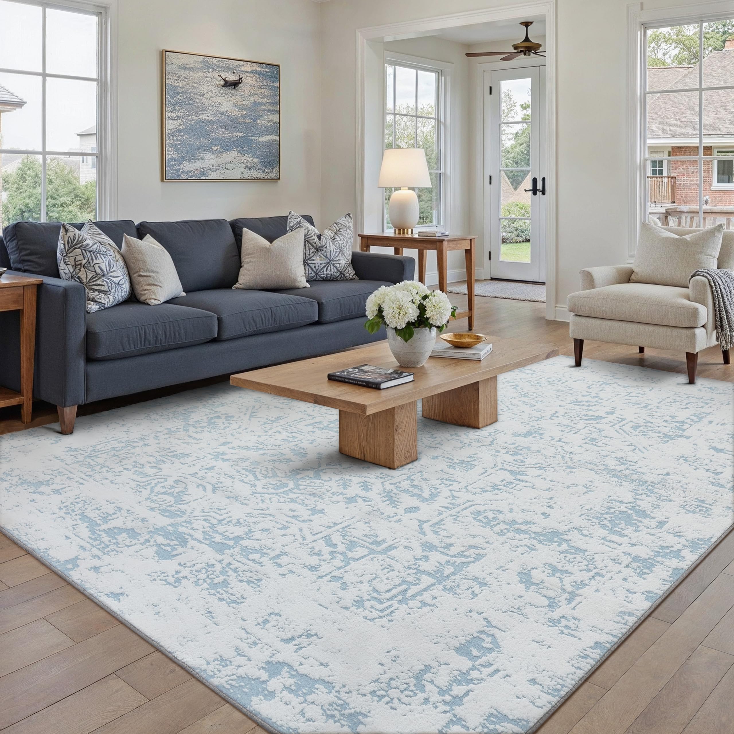 WondRg 6x9 Fluffy Area Rug Blue Shag Neutral Carpet for Living Room Soft Medium Pile Floral Rug for Bedroom Dorm Office Dining Room Kitchen Nursery Modern Decor Image