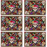 XCHI Day of The Dead Flowers Placemats Set of 6 Table Decor12x18 Inch | Sugar Skull Colorful Dia De Los Muertos Mexican Table Mats for Party Kitchen Dining Home Decorations