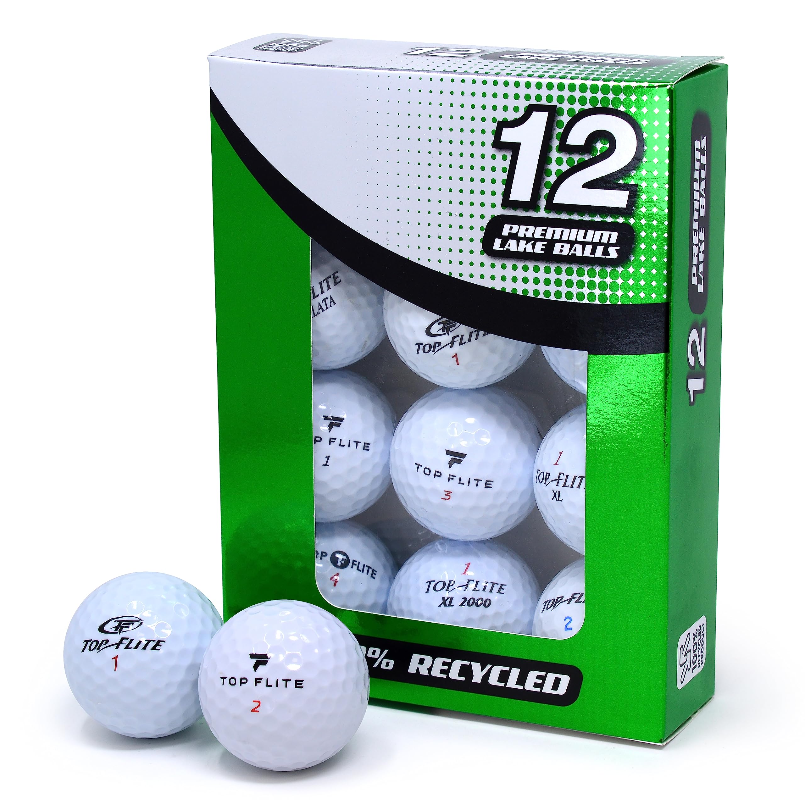 Second Chance Recycled Lake Golf Balls - 12 Pack - Grade A for Top Flite, Lake Balls, White, Packed in a Green Box