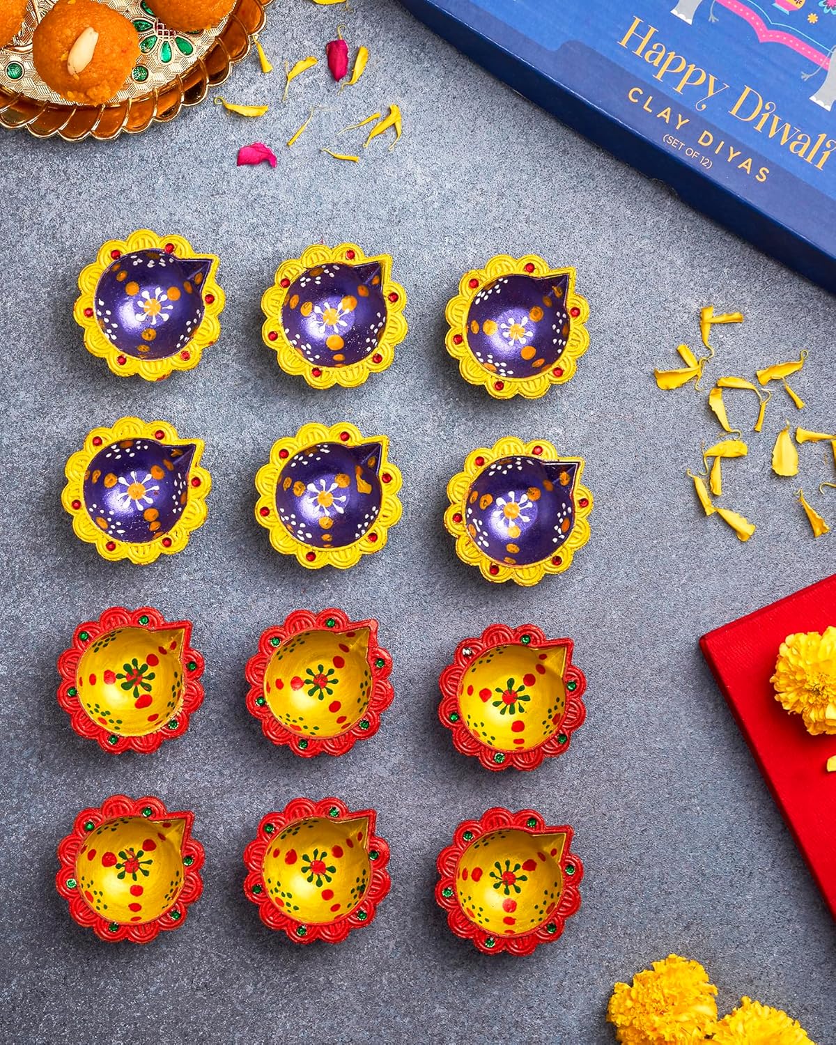 Oil Lamps & Accessories - IndoTribe 12Pc Diwali Diyas For Decoration Diwali Decorations For Home Diwali Lights Diwali Decor Diwali Diya Diwali Candle Diwali Gifts For Friends Clay Diya For Diwali Tea Lights Candles Diwali Diya