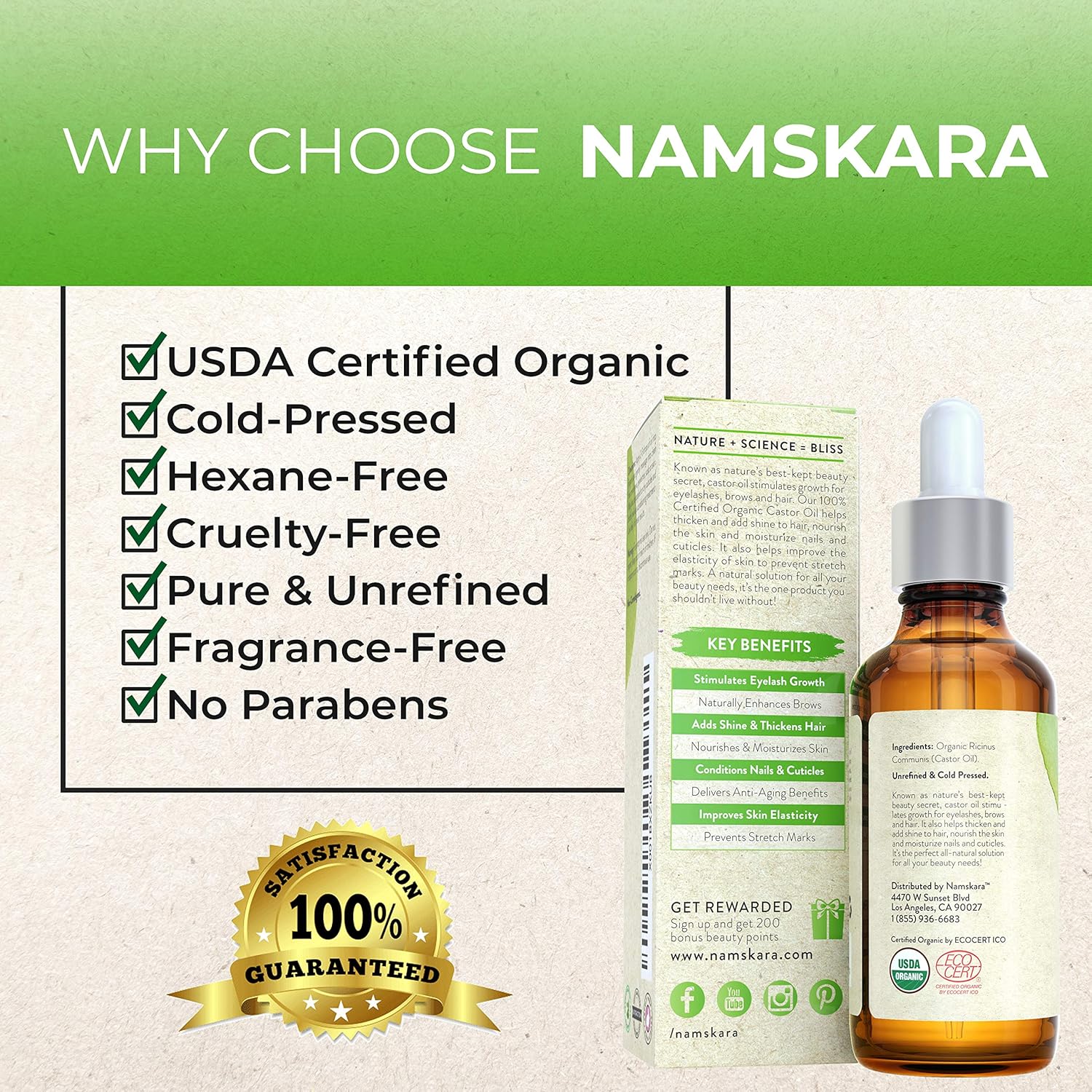 Organic Castor Oil - USDA Certified Organic 100% Pure, Cold-Pressed, Extra-Virgin, Hexane-Free. Best Carrier Oil For Eyelashes, Hair, Eyebrows & Skin (1oz): Beauty