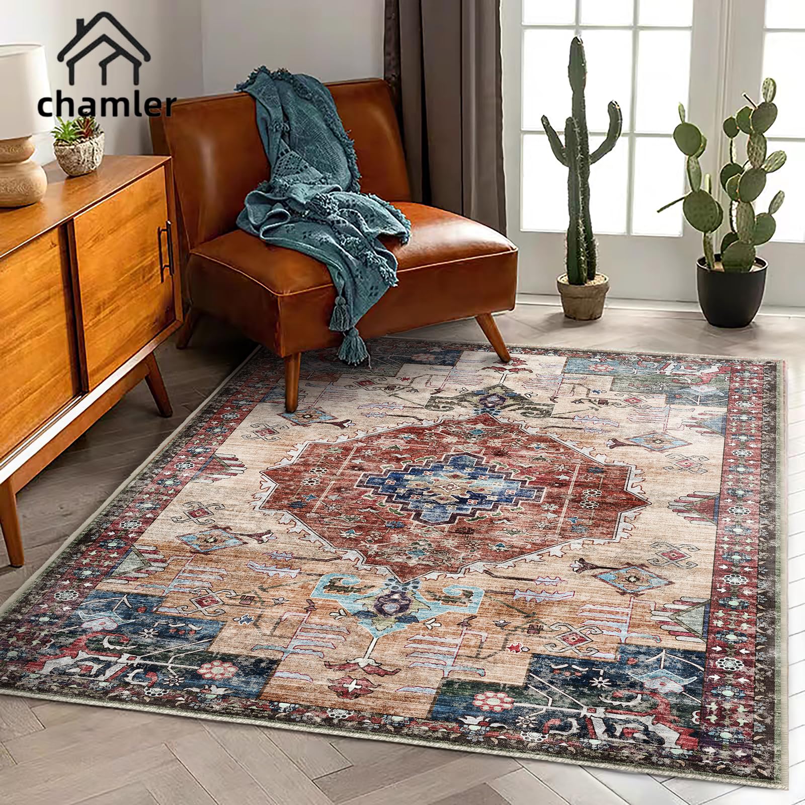 chamler 5x7 Washable Area Rug Vintage Traditional Floor Cover Foldable Thin Kitchen Accent Indoor Distressed Non Slip Carpet Rugs for Bedroom Living Room Bathroom