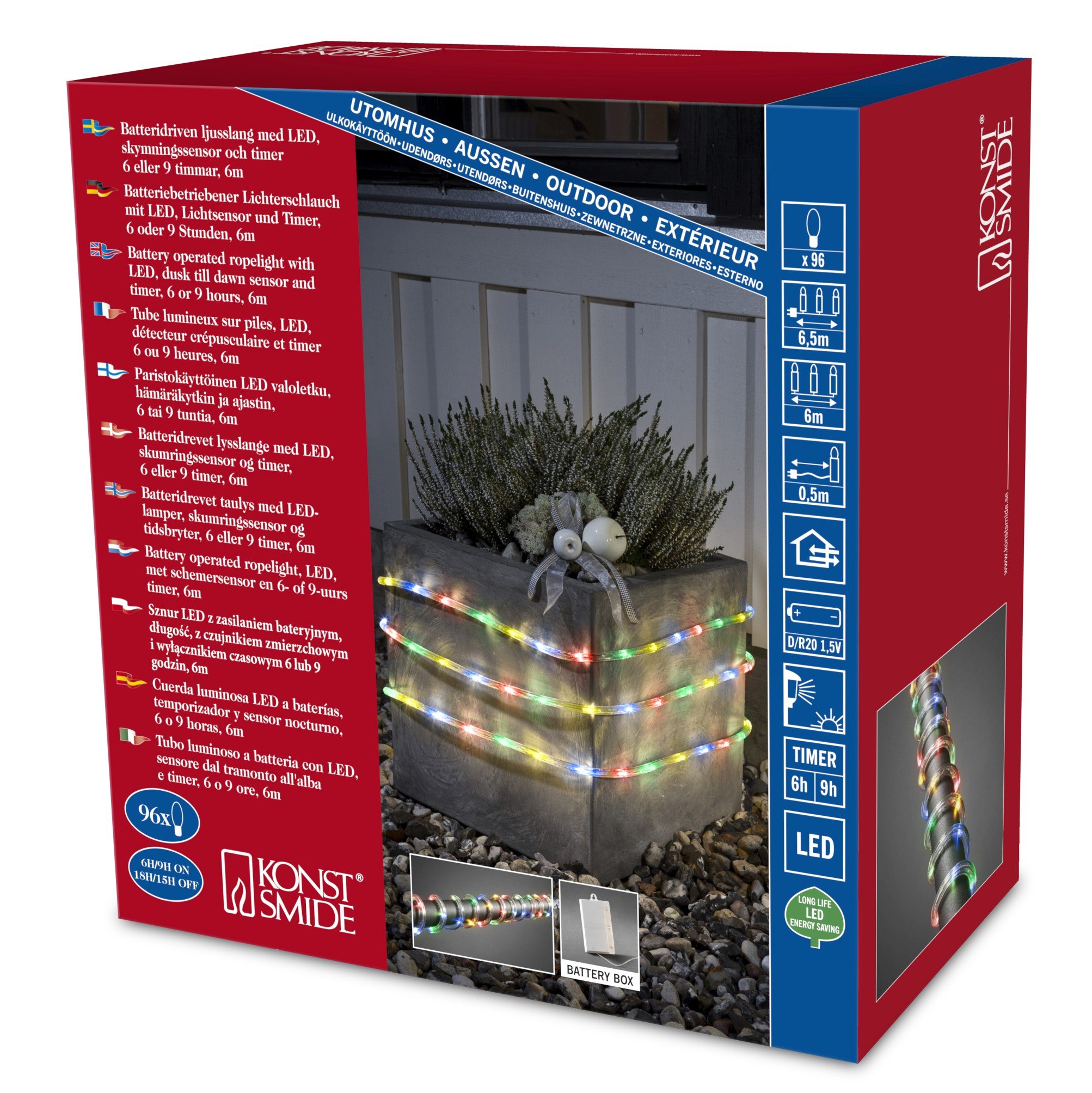 Konstsmide 3744-500 LED Light Tube 6 m/for Outdoor Use (IP44) / Battery Operated 4 x D 1.5 V (Exclusive) / with Light Sensor / 6 Hours and 9 Hours Timer / 96 Colourful Diodes/Transparent Hose