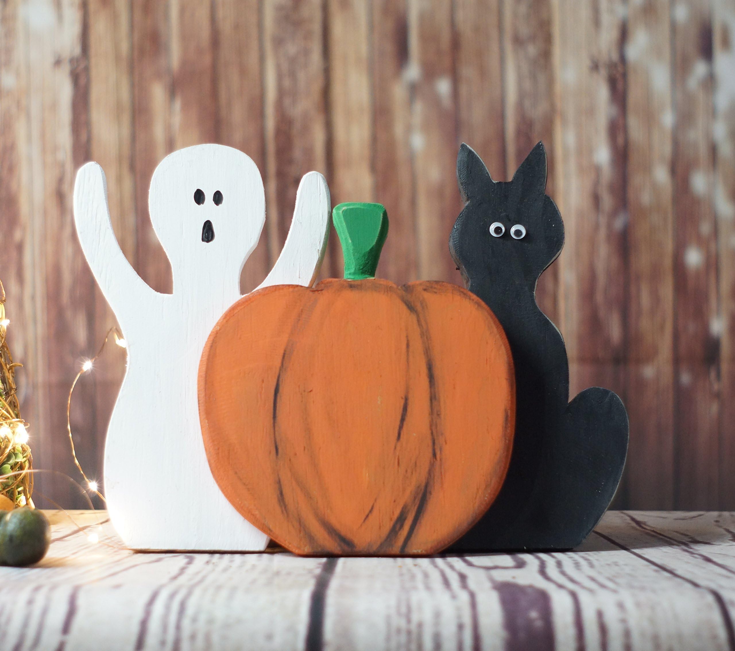 Rustic Halloween Black Cat, Pumpkin, Ghost Shelf Sitter (flat)