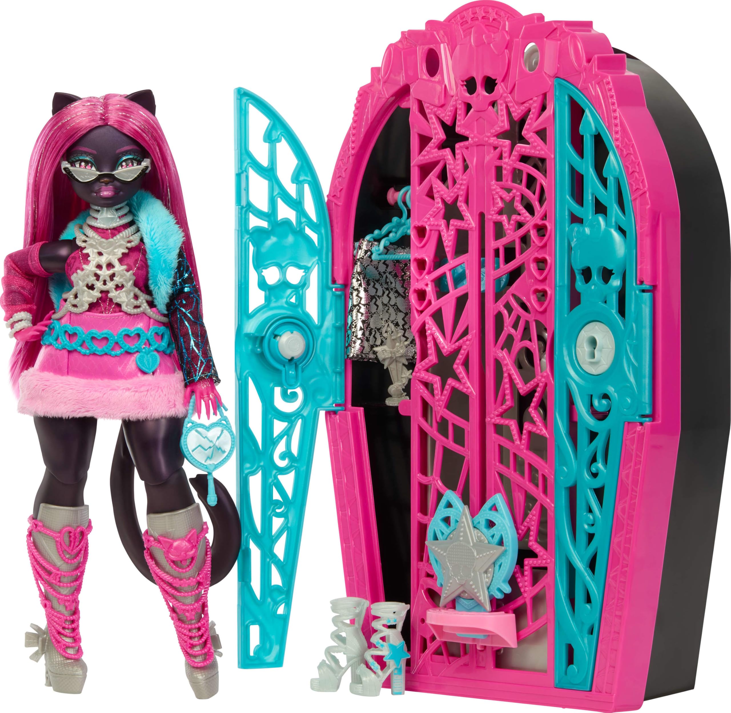 Monster High Skulltimate Secrets Doll and Accessories Set, Hauntlywood Mysteries Catty Noir with Reveal Closet & 19+ Glam Surprises like Doll Clothes, JBG82