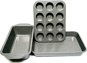 casaWare Toaster Oven 3pc Set (Baking, Loaf and Mini Muffin Pan 12 Cup) (Silver Granite)