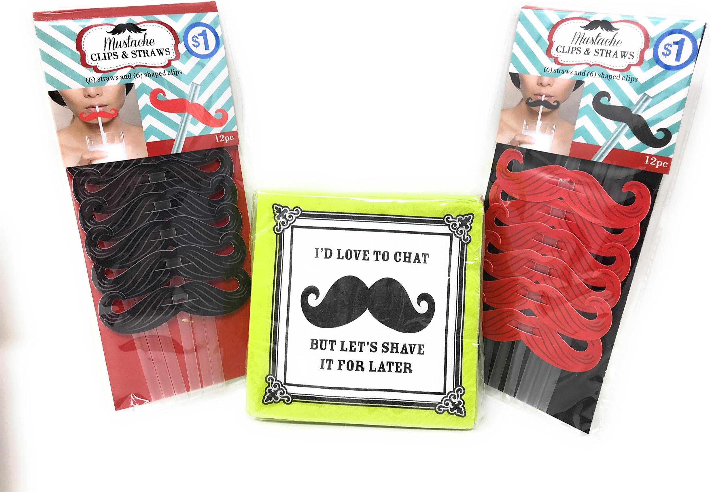 Unique Mustache Party Supply Bundle: 12 Piece Black Straws & Clips & 12 Piece Red Straws & Clips & Durable 30 2-Ply Witty Mustache Napkin Set "I'd Love To Chat But Let's Shave It for Later"