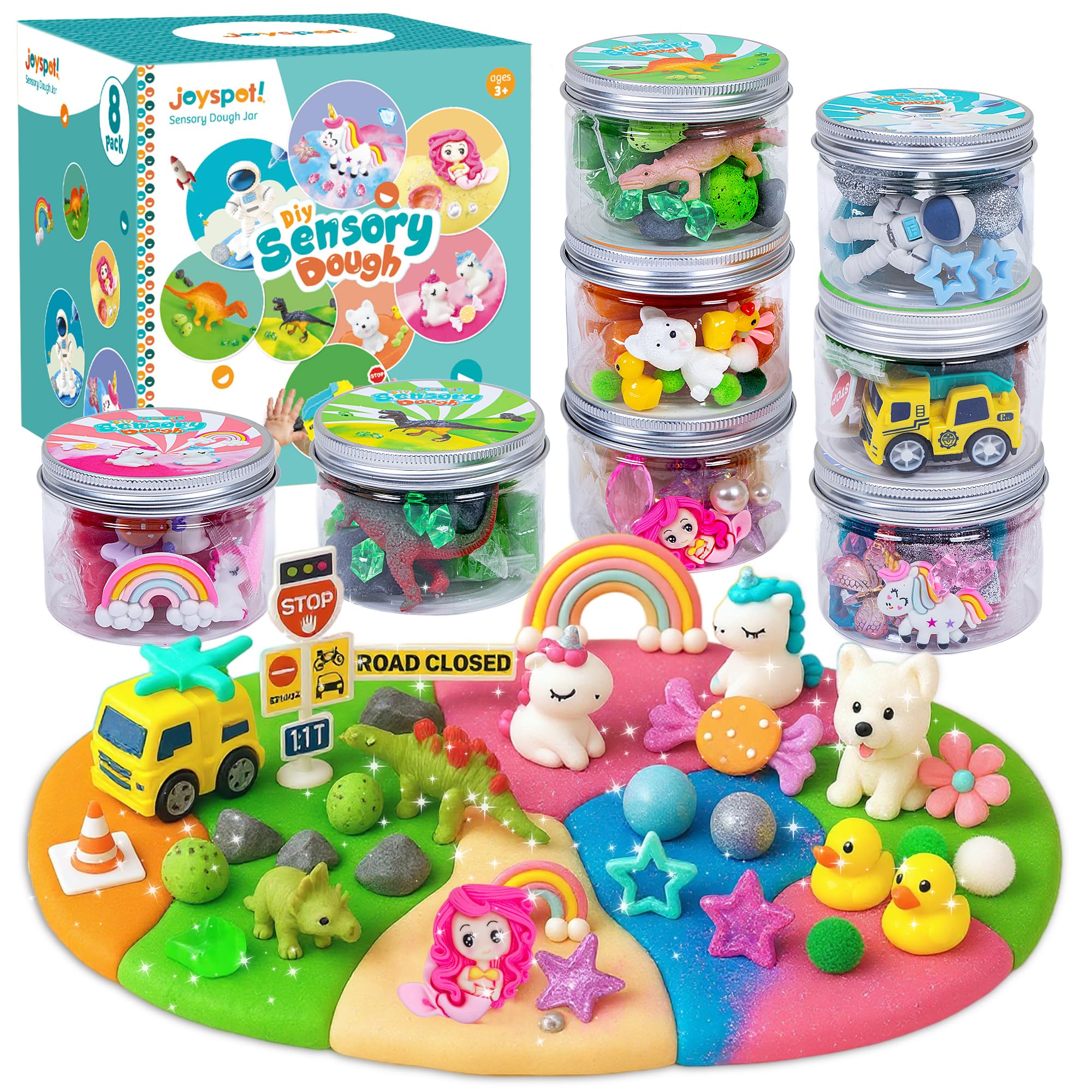 JOY SPOT! 8-Pack Play Dough Jars, Reusable Sensory Play Kit for Kids, Non-Toxic, Educational Creative Playdough,Birthday Valentines Gift,Party Favors, Goodie Bags, Boys Girls Home Preschool Classroom