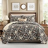 Uniclinens Botanical Quilts Queen Size, 100% Cotton Quilt Bedding Set Vintage Bird Pattern Queen Bedspread, Chic Lightweight Quilted Comforter Coverlet Set, 3 Pieces, All Season, Chocolate Brown/Beige