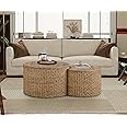Giofanzo Nesting Coffee Table Set of 2, Coastal Coffee Table with Storage, Woven Coffee Table with Soild Wood Cover, Wicker Coffee Table with Cushion Base