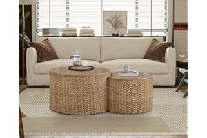 Giofanzo Nesting Coffee Table Set of 2, Coastal Coffee Table with Storage, Woven Coffee Table with Soild Wood Cover, Wicker Coffee Table with Cushion Base
