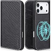 VISOUL Carbon Fiber Wallet Case for iPhone 17 Pro Max, Genuine Leather Magnetic Folio Case with RFID Blocking Card Slots, Kickstand, Soft TPU Shell, Protective Flip Cover 6.9”-Black+Black