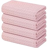 Homaxy Microfiber Waffle Weave Kitchen Towels, 16 x 28 Inch Ultra Absorbent and Solid Color Dish Towels, 4 Pack, Pink