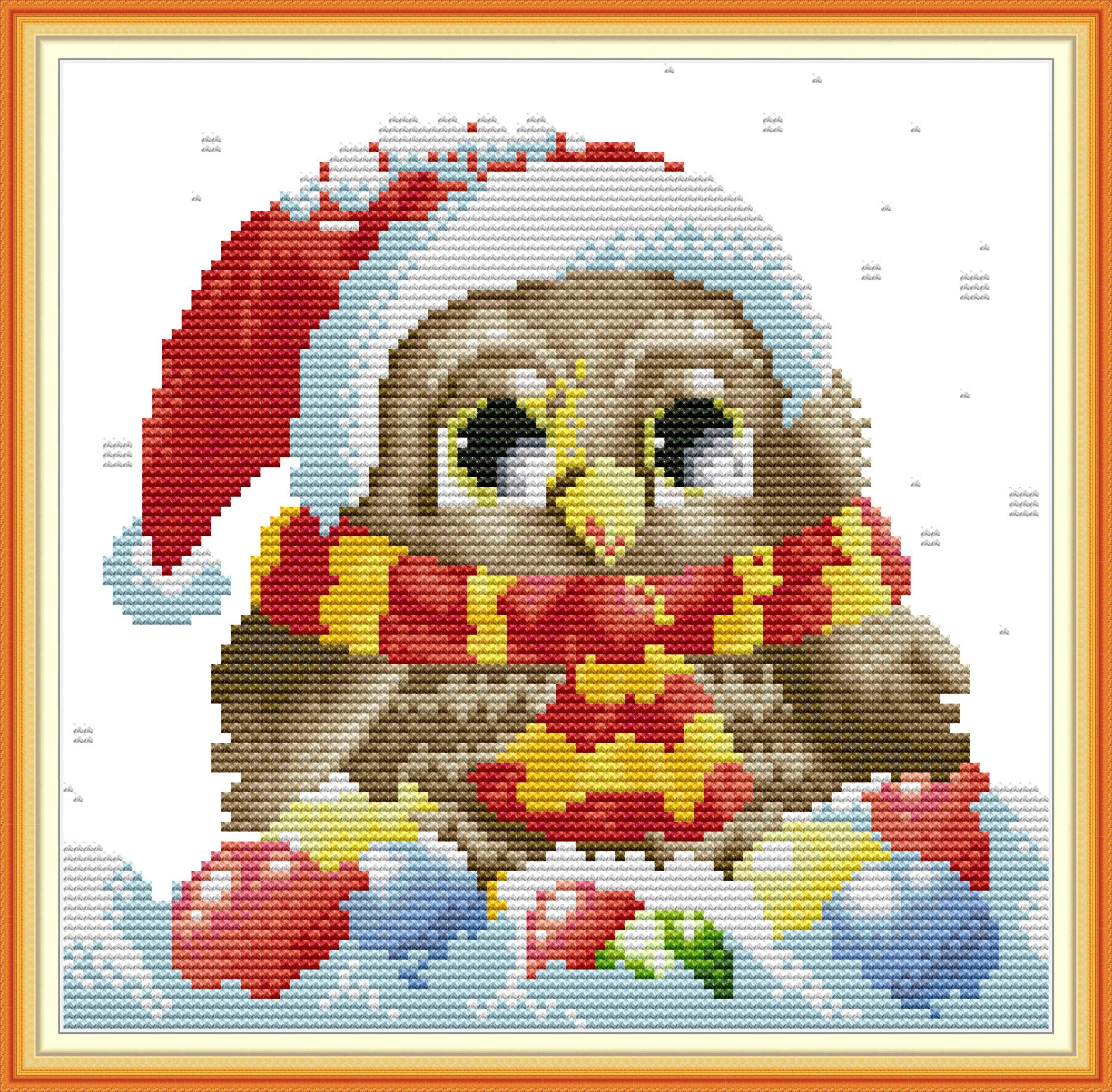 OWN4B Cross Stitch Kits Stamped, Christmas Owl 2 Printed Pattern 11CT 12.6x11.4 inch DIY Embroidery Kit