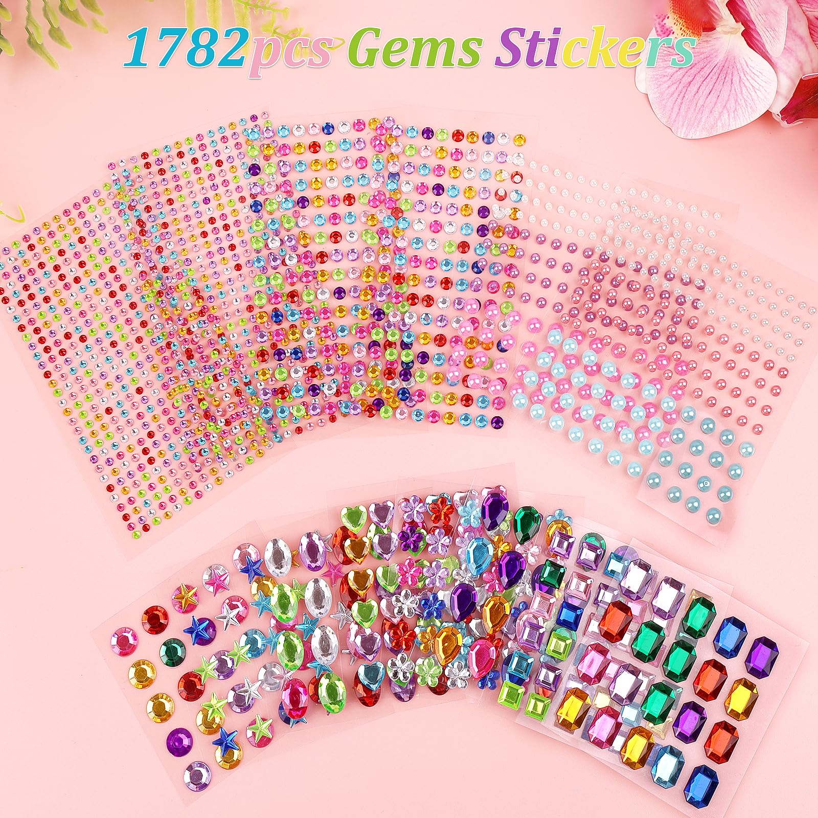 1782pcs Gems Stickers, Self Adhesive Gems for Crafts Bling Rhinestones, Assorted Shapes Jewels Stickers for Kids, Scrapbooking, Nail Art, Face Deco