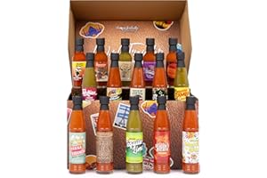 Thoughtfully Gourmet, World Traveler Suitcase Hot Sauce Gift Set, Vegan and Vegetarian, Flavors Like Cowboy Bacon, Italian Garlic, and More, Set of 15