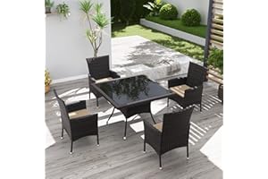 Kurapika 5-Piece Patio Furniture Outdoor Dining Set, Wicker Rattan Patio Dining Table and Chairs Set, Square Tempered Glass Tabletop with 4 Chair Set, Sand