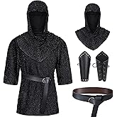 Renaissance Faux Chain Mail Armor Tunic Shirt Coif Medieval Knight Cowl Crusader Costume Outfit Bracers Waist Belt Set