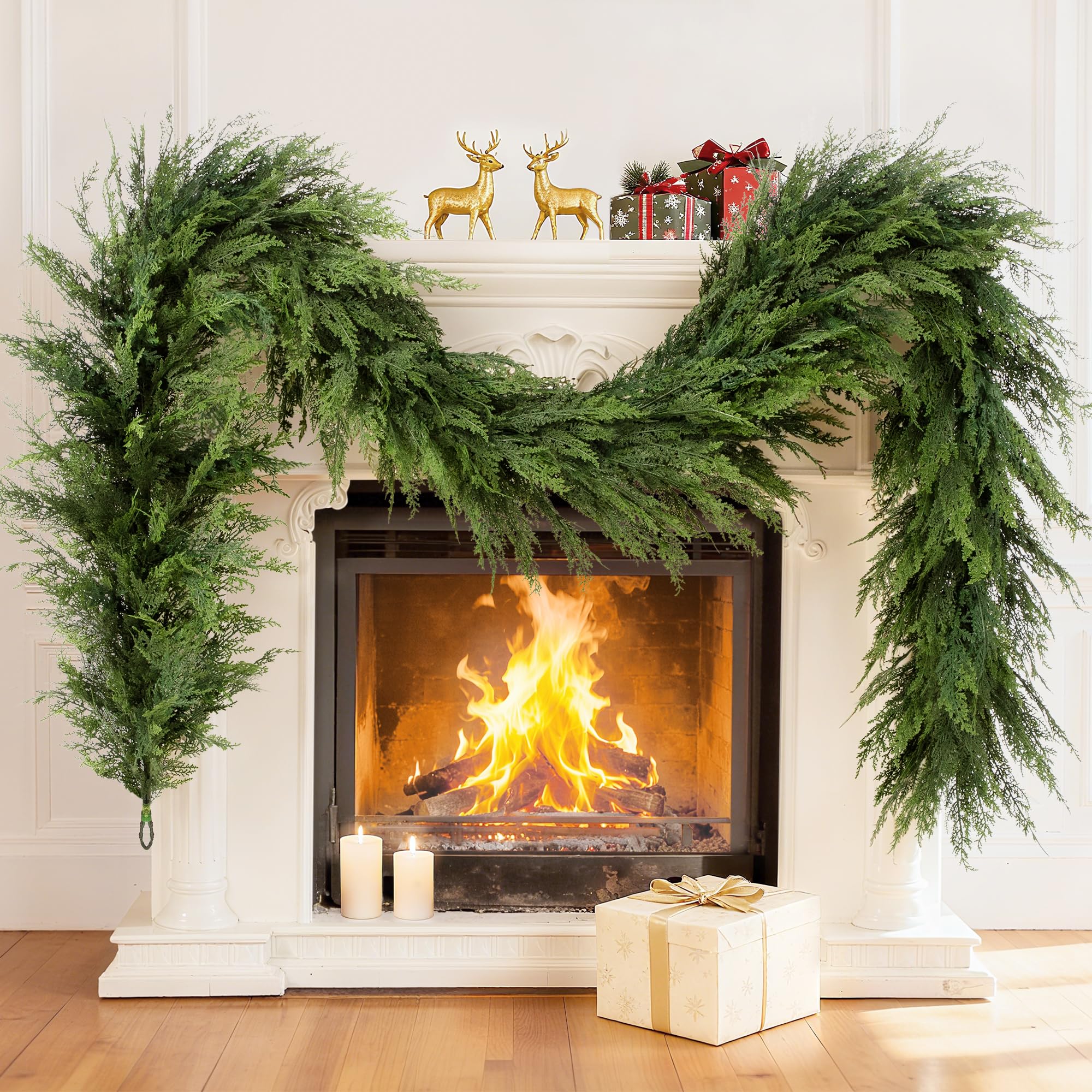 Photo 1 of Christmas Garland 9Ft Realistic Cedar Cypress Pine Greenery Garland Faux Christmas Garland Decorations for Mantle, Fireplace, Table, Stairs, Doors, Porch, Indoor Outdoor Christmas Decorations(2Packs)