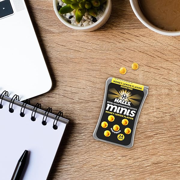 HALLS MINIS HONEY LEMON FLAVOR SUGAR FREE COUGH DROPS, 48 DROPS