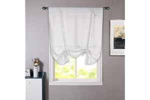 DriftAway Solid Color Linen Sheer Voile Tie Up Decorative Slub Sheer Linen Curtains Adjustable Balloon Rod Pocket Window Curtains for Small Window 25 Inch by 47 Inch White
