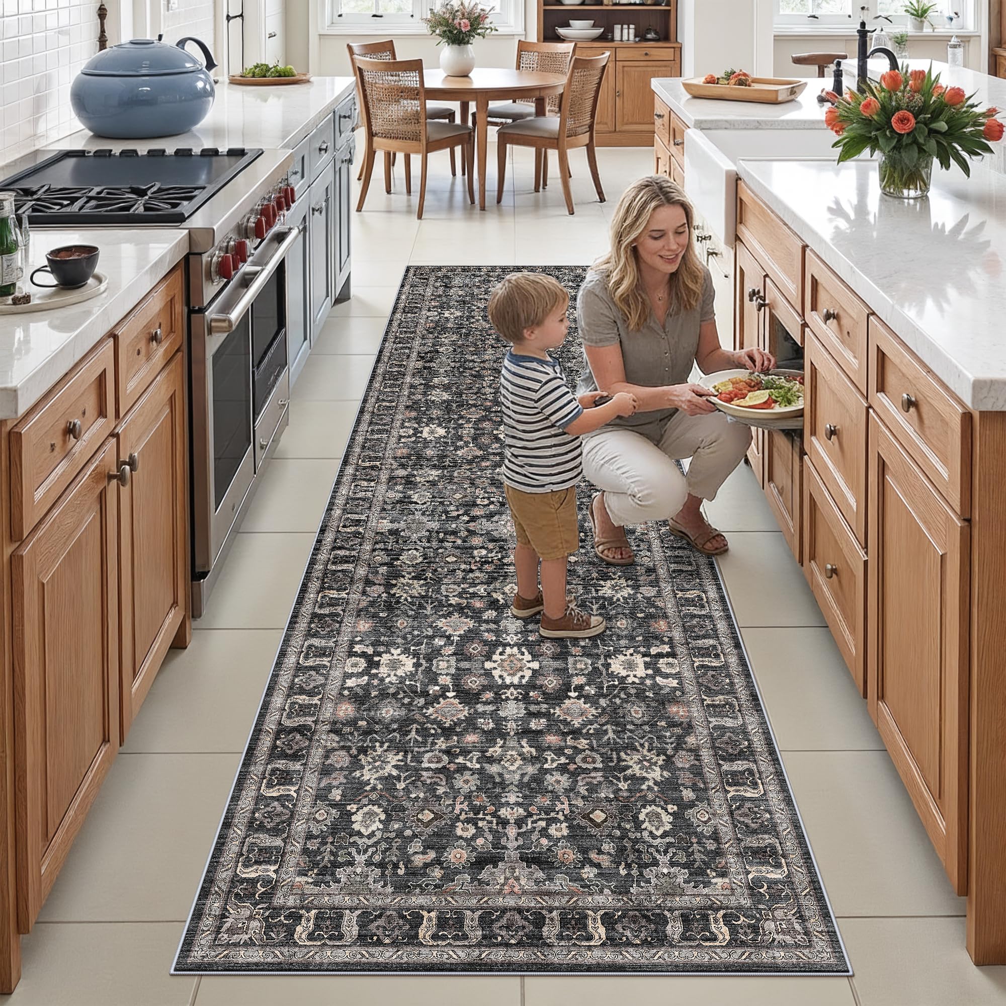 Washable 2x8 Kitchen Runner Rug: Non Slip Rugs for Hallway Bedroom Beside Bathroom Laundry Room Soft Low Pile Stain Resistant Floor Carpet (Dark Black Gray, 2X8) Image