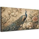 SHMAO Extra Large Peacock Wall Art, Blush Floral Chinoiserie Decor 24x47 | Gallery-wrapped printed canvas with peacock, florals and chinoiserie styling for living room, bedroom or hallway decor
