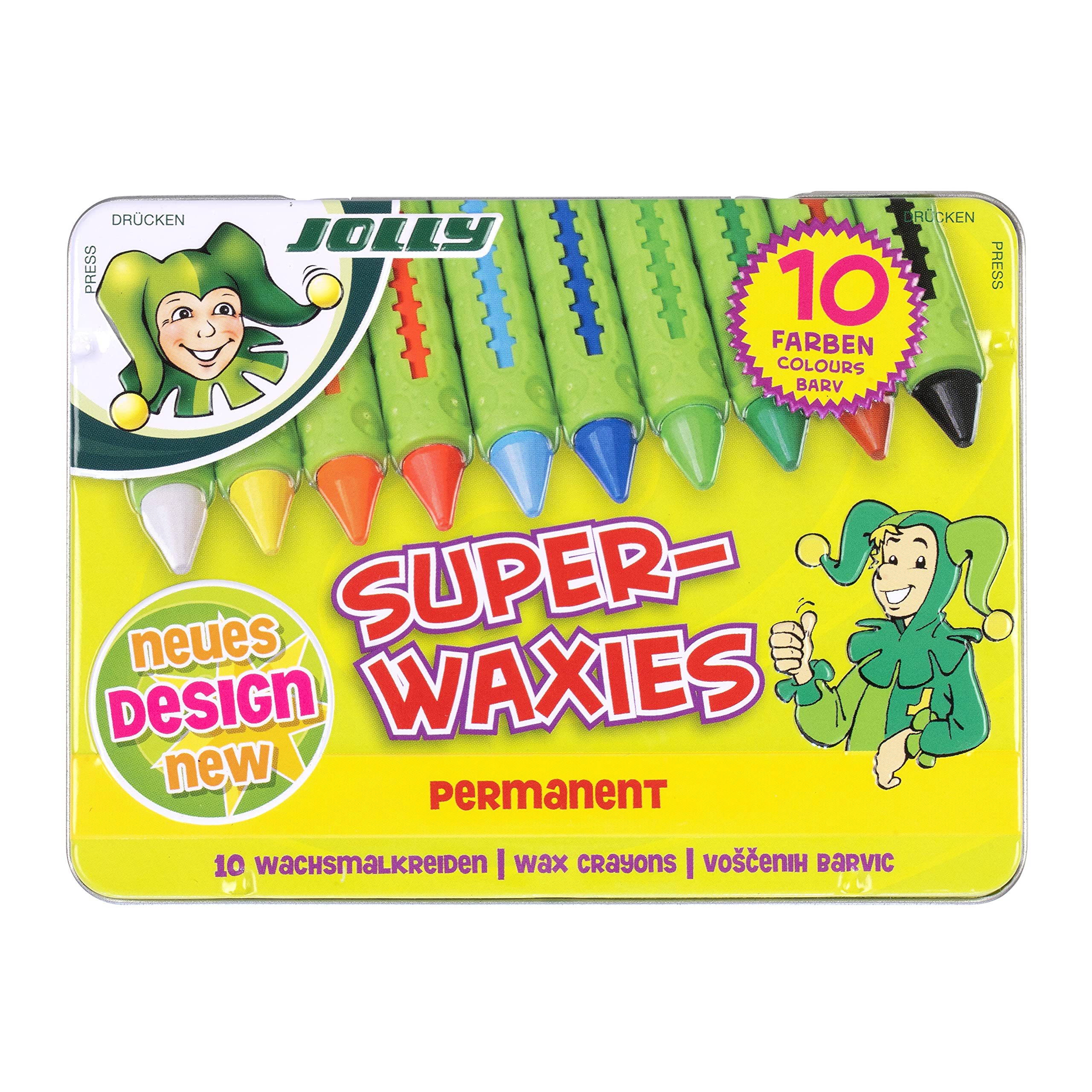 JOLLY Superwaxies Wax Crayons, Permanent, Waterproof, Pack of 10 in Metal Case
