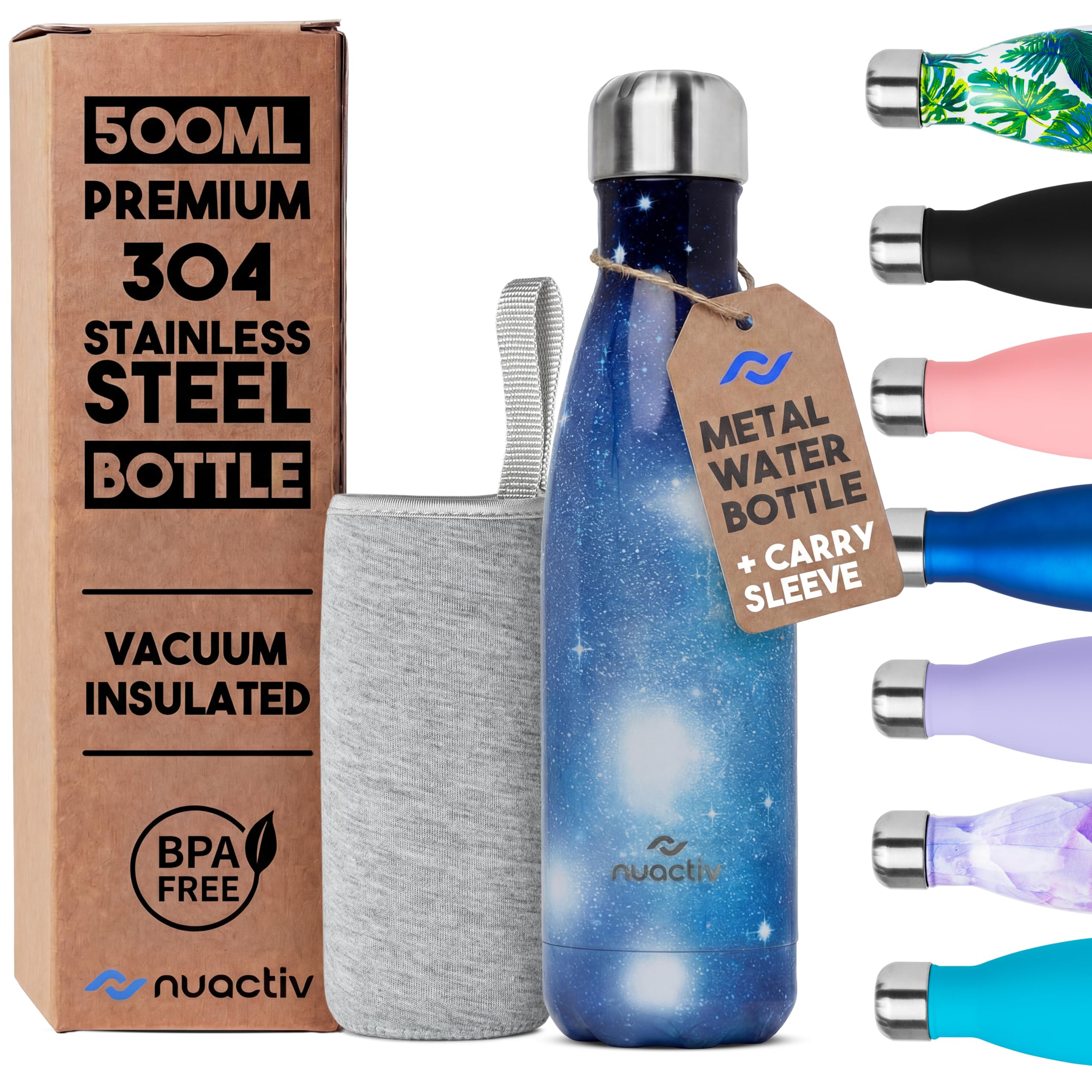 Nuactiv Stainless Steel Water Bottle 500ml, Vacuum Insulated Metal Flask, Leakproof, BPA Free, Reusable Sports Flask, Keeps Drinks Cold 24h & Hot 12h, for Gym, Travel, Work & School