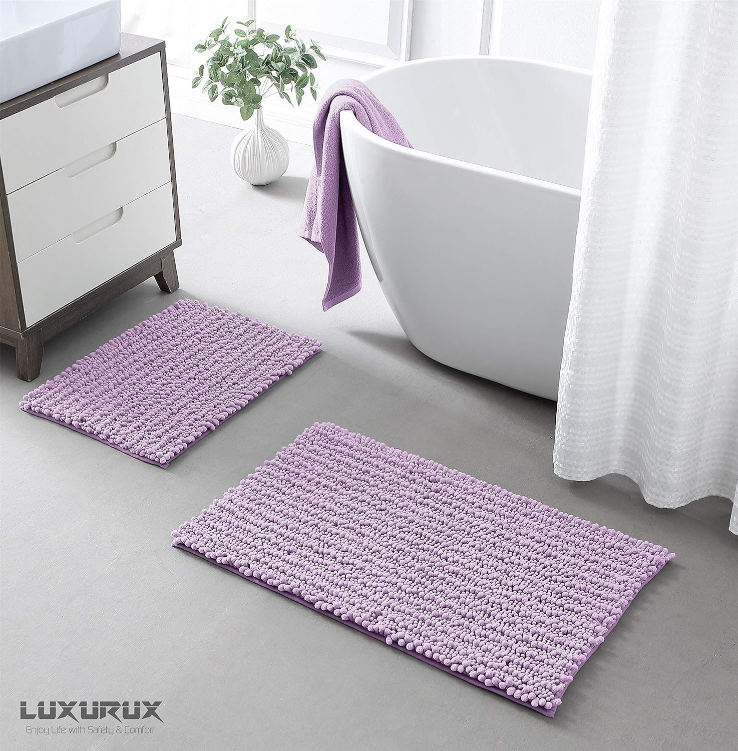 Zebrux Non Slip Thick Shaggy Chenille Bathroom Rugs, Bath Mats for Bathroom Extra Soft and Absorbent - Striped Bath Rugs Set for Indoor/Kitchen (20 x 30 + 15 x 23'', Light Grey): Kitchen & Dining