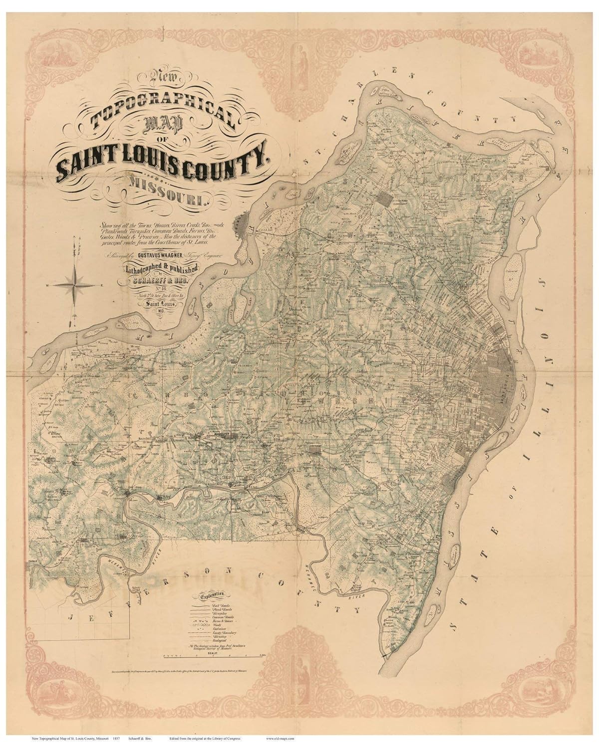 Saint Louis County Missouri 1857 Wall Map with Landowner