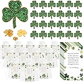 SINCCO 25/50/100 Sets St. Patricks Day Clover Lapel Pins Bulk Shamrock Pin Brooches with Irish Blessing Cards Gift Bags for St. Patrick’s Day Party Favors Jewelry Accessories