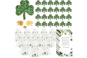 SINCCO 25/50/100 Sets St. Patricks Day Clover Lapel Pins Bulk Shamrock Pin Brooches with Irish Blessing Cards Gift Bags for St. Patrick’s Day Party Favors Jewelry Accessories