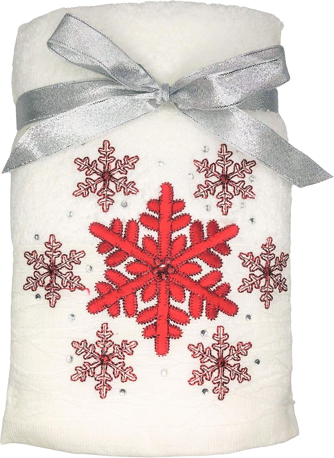 Winter Dreams Set of 2 Embroidered Red Snowflakes with Jeweled Accents White Hand Towels for Christmas Bathroom Decor, Christmas Hand Towels, Christmas Decorations