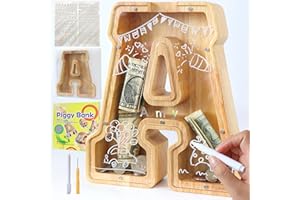 weallbuy Large Letter Piggy Bank for Kids Boys Girls Wooden Personalized Piggy Banks A-Z with Target Area Clear Alphabet Banknote Coin Banks for Gift Decoration Baptism (A)