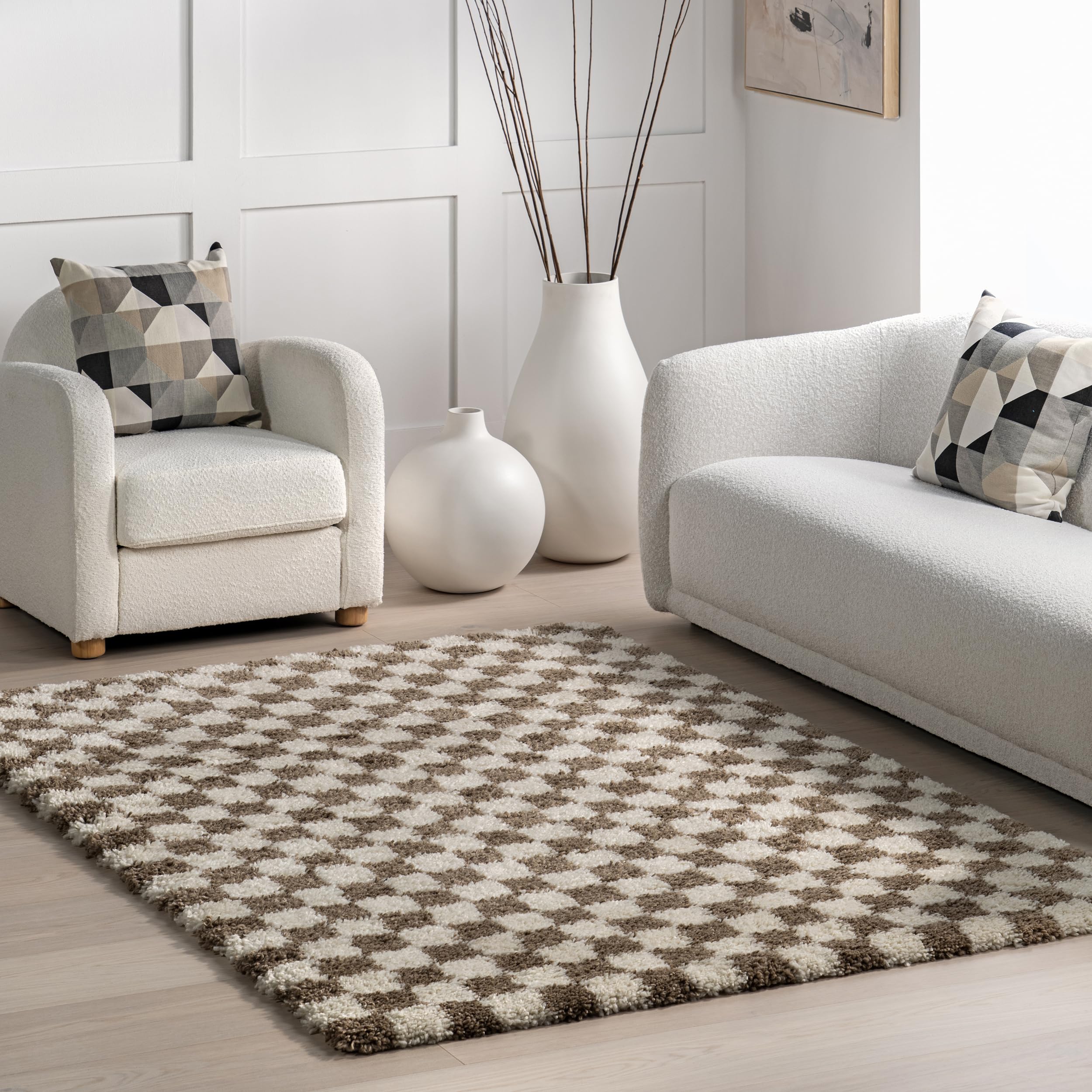 Photo 1 of nuLOOM Adelaide Checkered 9x12 Shag Area Rug for Living Room Bedroom Dining Room Nursery, Beige/Brown