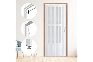 104RDHOUSE 38×80 in White Accordion Door with Frosted Acrylic Glass,PVC Interior Folding Doors for,No Need for Punching, Include Door and Mounting Hardware,Handle,Latch ﻿