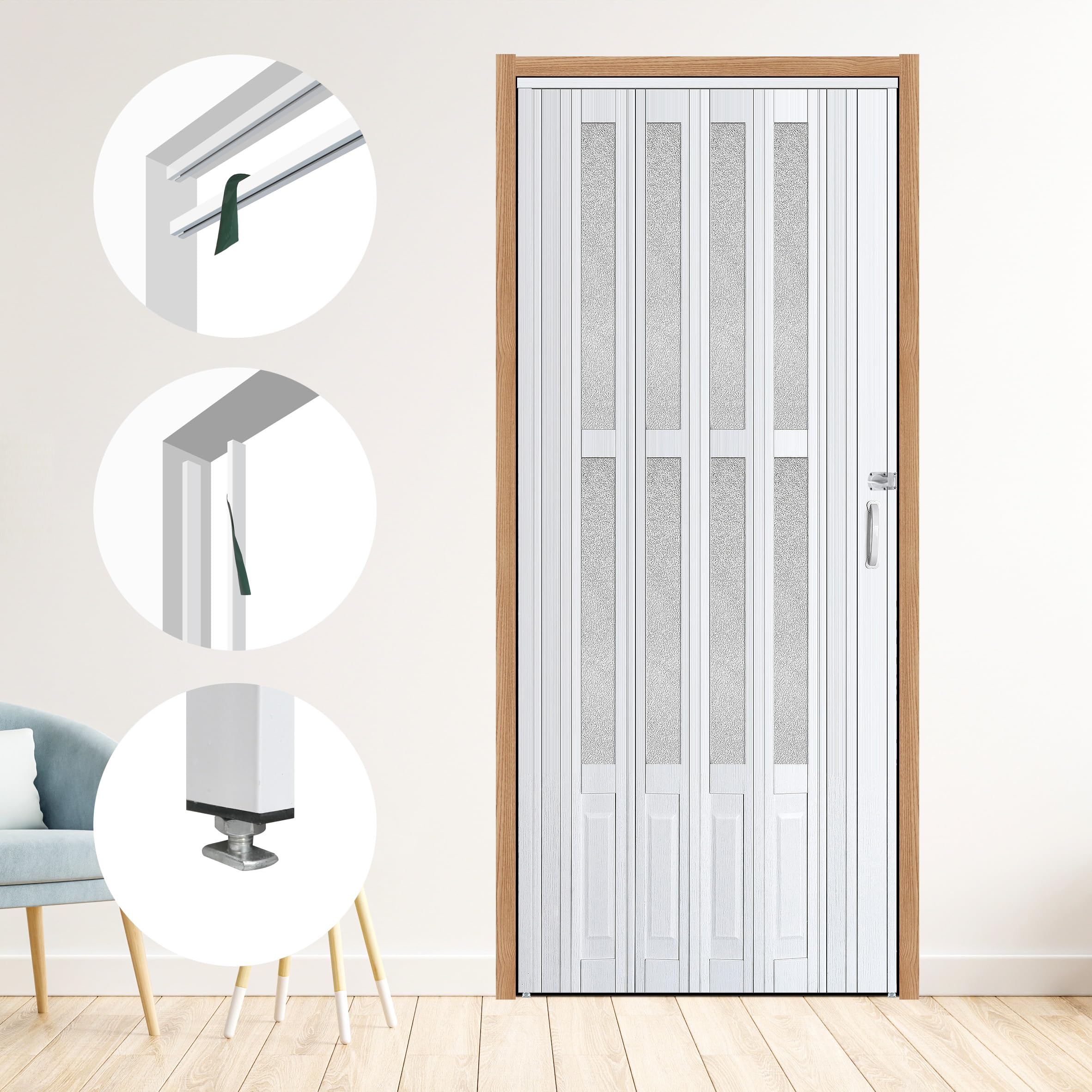 Photo 1 of 104RDHOUSE 38×80 in White Accordion Door with Frosted Acrylic Glass,PVC Interior Folding Doors for,No Need for Punching, Include Door and Mounting Hardware,Handle,Latch ?