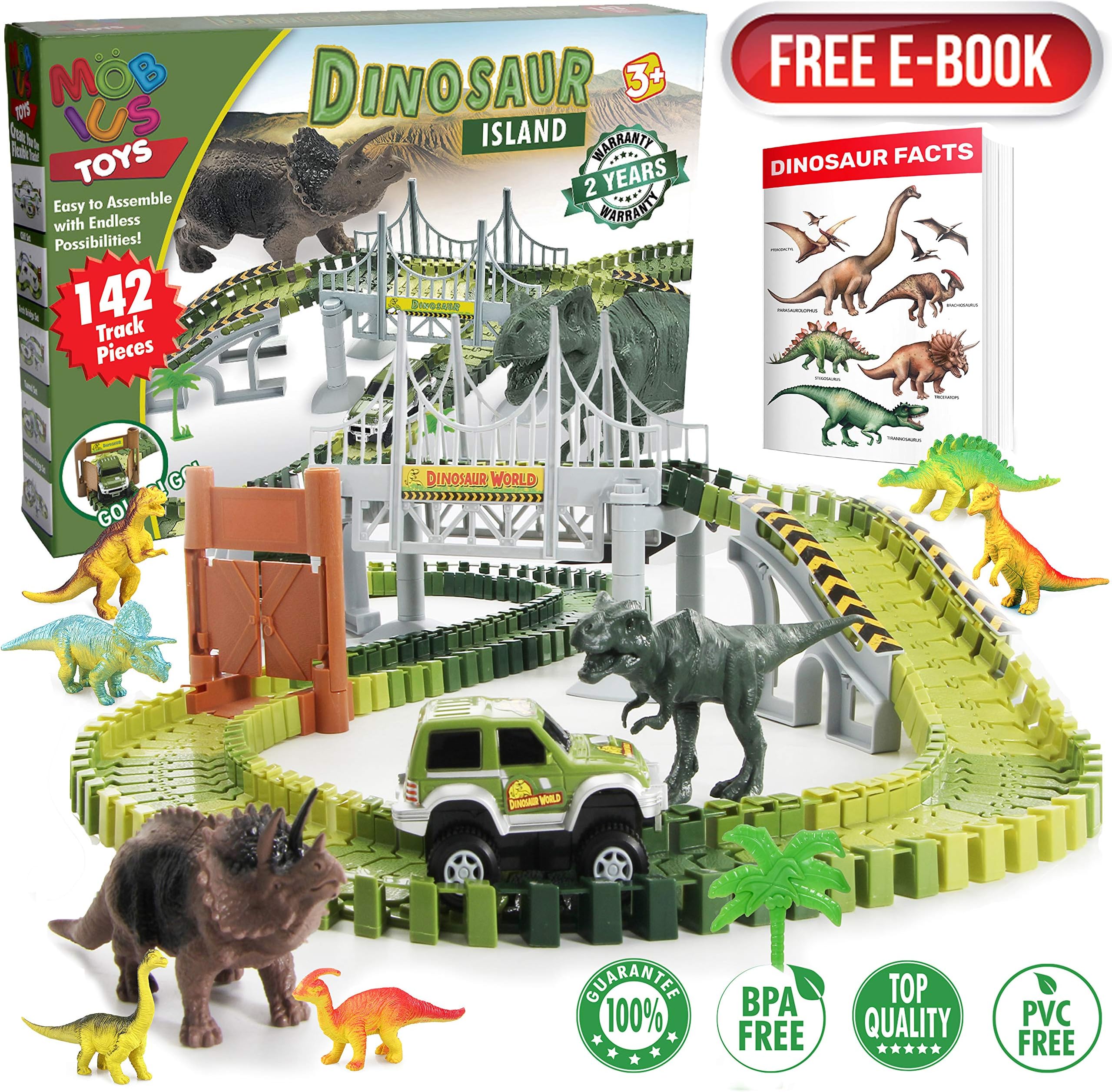 Dinosaur Toy Race Tracks for Boys and Girls - 160 Piece Flexible Assembly Train Tracks Set with Jumbo Toy Dinosaurs, Dinosaur Race Car Track Train Truck for Kids Ages 3 4 5 6 7 8 Years Old