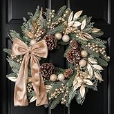 MAINGKAUNG Christmas Wreath 24 Inch Christmas Wreaths for Front Door Artificial Pine Cones Wreath with Pine Needles Champagne Bow Berries Leaves for Window Wall Winter Indoor Xmas Holiday Decorations
