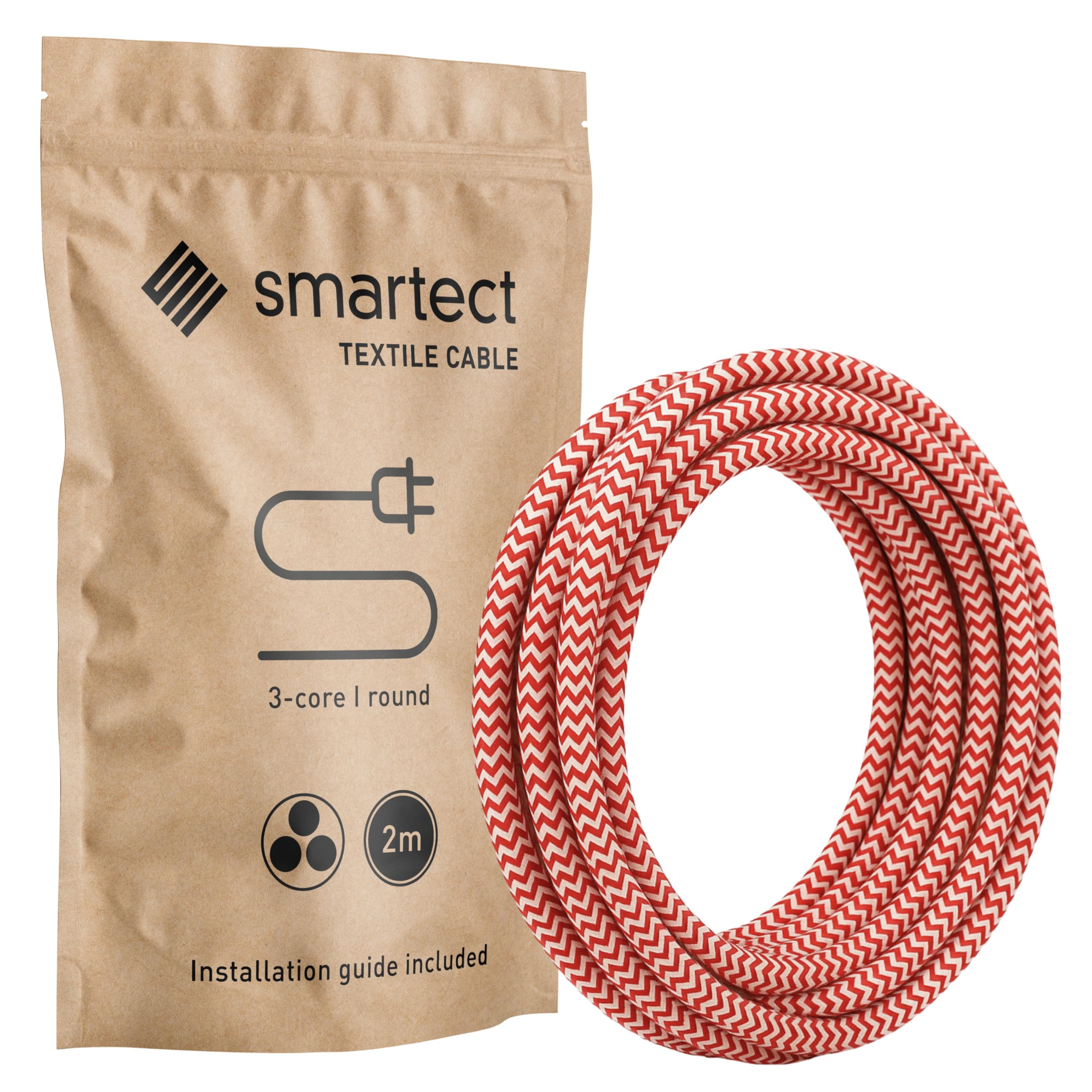 smartect Braided Cable, Red White, 2 Metres 3 Core Electrical Cable (3 x 0.75mm²) Vintage Fabric Electrical Wire for your DIY project — image 1