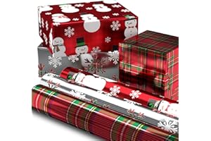 Hallmark Foil Christmas Wrapping Paper with Cut Lines on Reverse (3 Rolls: 60 sq. ft. ttl) Plaid Snowflakes, Snowmen, Red, Green and Blue Plaid