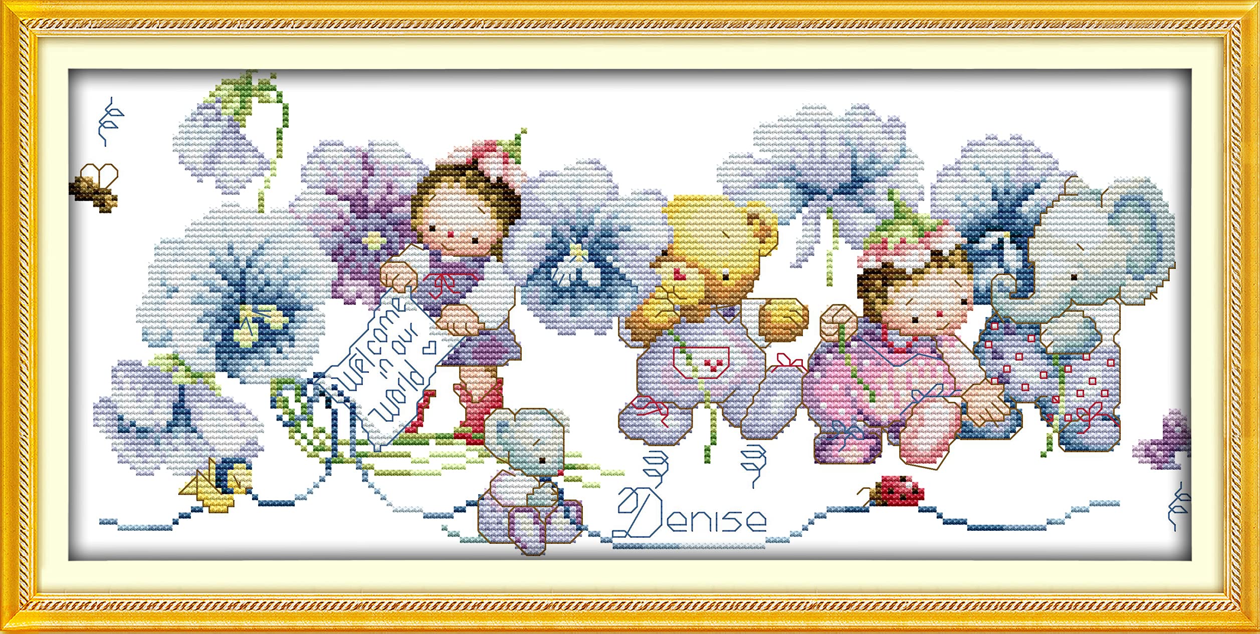 OWN4B Cross Stitch Kits Stamped, Happy Elves Printed Pattern 11CT 20.9x9.8 inch DIY Embroidery Kit