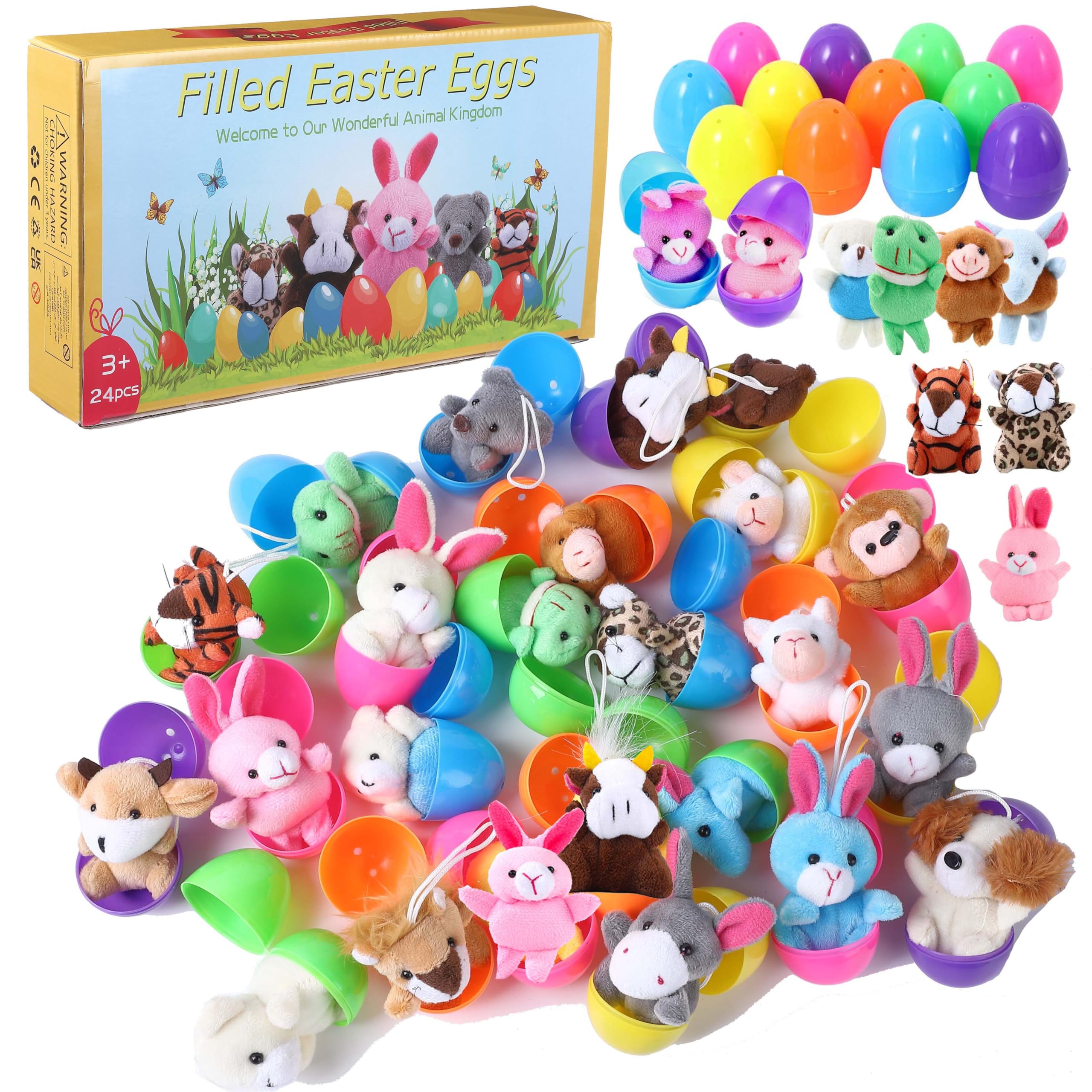 Twister.CK 24 Pack Easter Eggs Filled with Mini Plush Animals Stuffed Toy for Kids Easter Basket Stuffers/Fillers, Easter Eggs Hunt, Easter Party Favor