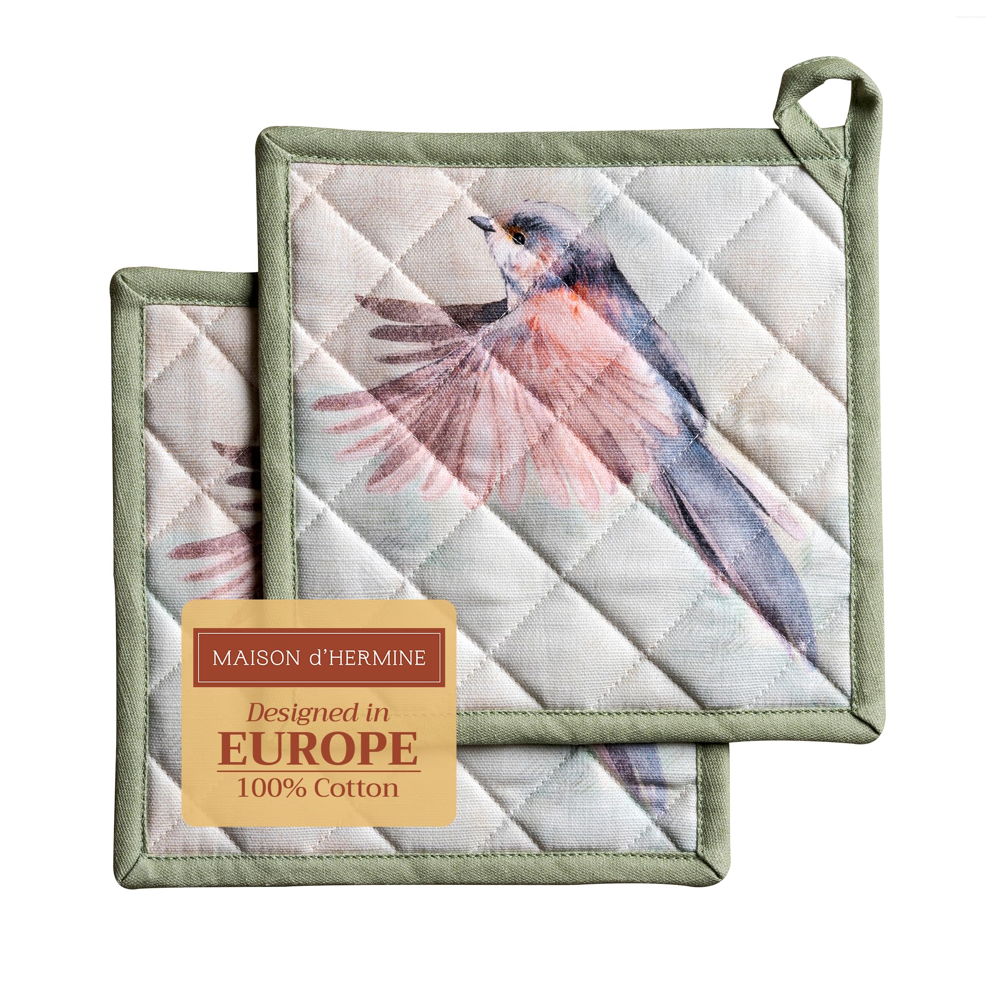 Maison d' Hermine Flying Birds Set of 2 Pot Holders 100% Cotton for Barbecue, Baking, Oven, Microwave, Grilling, Spring/Summer, Easter (20 cm x 20 cm)