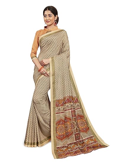 Divaastha Womens Malbari Silk Abstract Polyester Saree with Blouse Piece (Beige)